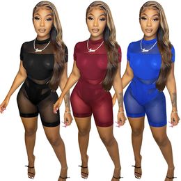 Women's Two Piece Pants Sexy Hollow 2 Set For Solid Mesh Patchwork See Through Top Shorts Suits Summer Sporty Workout Club Outfits 230206