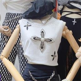 Women's Blouses 2023 Summer Beaded Cross Flower Decoration Round Neck Sleeveless Pullover T-shirt Women