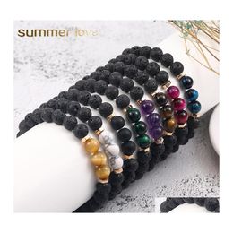 Beaded Strands Fashion 8Mm Lava Rock Tiger Eye Beaded Charms Bracelets For Women Men Natural Stone Elastic Rope Yoga Healing Handma Dhmob