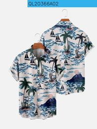 Men's Casual Shirts Hawaiian Tress Print Vacation Beach Wear Blue Tops With Pockets Summer Plus SizeMen's