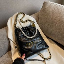 2023 Purses Clearance Outlet Online Sale New Small Fragrant Women's Shoulder Fashionable Collar Pearl Chain Medium Tote Bag Lazy Garbage