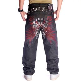 Men's Jeans Plus Size Waist 30- Inch Skateboard Mens Jeans Wide-Leg Loose Hip Hop Embroidered Flower Wings Male Denim Pants Trousers 230204