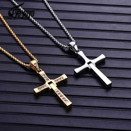 Pendant Necklaces EyeYoYo Fast and Furious Cross Necklace Dominic Toretto Cross Rhinestone Pendant Necklace Stainless Steel Necklace for Men Women G230206