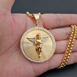 Pendant Necklaces Hip Hop Iced Out Angel Wings Pendant Necklace For Women Men Gold Colour Stainless Steel Round Necklace Bling Jewellery G230206
