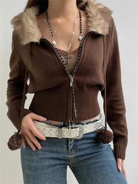 Women's T Shirts Street Y2K Vintage Brown Simple Fur Collar Slim Fit Cardigan Gothic Winter Double Zipper Ball Drawstring Warm Jacket Shirt
