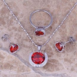 Necklace Earrings Set Red Garnet Silver Plated Pendant Ring Size 5 / 6 7 8 9 10 S0076A