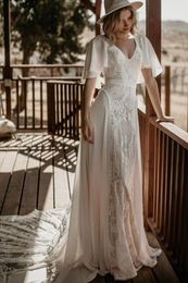 Bohemian Chiffon Lace Wedding Dress A-Line Long Beach Bridal Gowns Court Train Short Sleeves V-neck Backless Summer Country Bride Dresses Vestido De Novia 2023