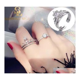 Cluster Rings Fashion 2Pcs/Set Crown Open Ring For Women Rhinestone Rose Gold Sier Adjustable Wedding Anniversary Jewellery Gifts Drop Dhmeu