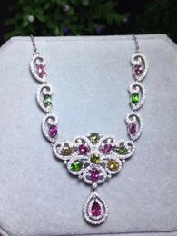 Chains Natural Multicolor Tourmaline Necklace Gemstone Elegant Flower Butterfly Pendant S925 Silver Women Fine Jewelry