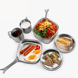 Plates Hiking Camping Equipment Cutlery Picnic Camp Cooking Stainless Steel Pot Cookware Set Foldable
