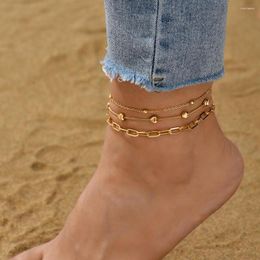 Anklets 3pcs/set Gold Color Metal Ankle Bracelets For Women Fashion Heart Cuban Link Chain Anklet Beach Foot Accessories Jewelry