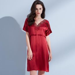Women's Sleepwear Red Real Silk Nightgowns For Women Lace Solid V-Neck Natural Night Dress Ladies Loose Thin Summer Pure Nightdress