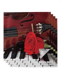 Table Napkin Violin And Red Roses On Piano 4/6/8pcs Cloth Decor Dinner Towel For Kitchen Plates Mat Wedding Party Decoration