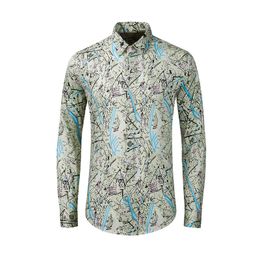 Brand Pure Cotton Shirt Men Casual Slim Long Sleeve Male Dress Shirts Luxury Map Printed Chemise homme Plus Size 4XL Camisas