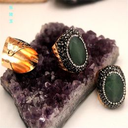 Cluster Rings Wholesale 6pc/lot Natural Stone Spectrolite Hand Cut Inlay Gold Plating Adjustable Embossed Ring