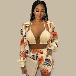 Women's Two Piece Pants Summer 3 Set Outfits Women Fashion Sexy Beach Style Printed Suspender Shirt Shorts Pant Suit Three 230204