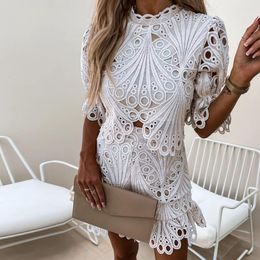 Women's Two Piece Pant Outfit Solid Colour Laciness Flare Sleeves Hollow Out Top Shorts Outfits Elegant Lace Tshirt Set Clothing 230206