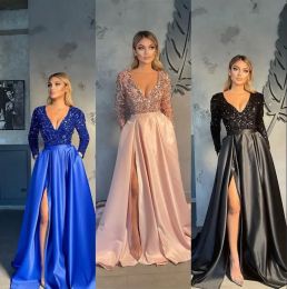 Blush Pink Prom Dresses with Pocket Sexy V neck A Line Split Evening Gowns Blingbling Sequined Top Satin Long Sleeve Vestidos Party Wears 2023 BC15046