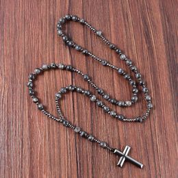 Pendant Necklaces Christ Rosary Necklaces Natural Labradorite Catholic Rosary Beads Jewelry Hematite Cross Pendant Necklace For Men Women G230206