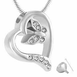 Pendant Necklaces MJD9435 Clear Crystal Butterfly Always in My Heart 316L Stainless Steel Cremation Urn Ash Jewelry G230206