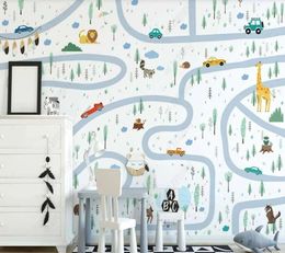 Wallpapers Papel De Parede Hand-painted Cartoon Road Car Animal Park Children&#39;s Room 3D Wallpaper Mural Living Home Decor