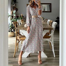 Casual Dresses Autumn Women Vintage Pattern Printed Boho Long Dress Elegant Ladies Slim Maxi Sexy V Neck Sleeve Commute DressCasual