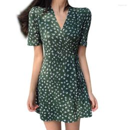 Party Dresses Women Short Sleeve Sexy V-Neck Cross Wrap Flared A-Line Mini Dress With Belt Floral Printed Loose Beach Green Sundress