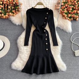 Casual Dresses HangCode Harajuku Pure Knitted Long Sleeve Buttons Women Mermaid Dress Office Lady Elegant Wear Black Basic Bodycon