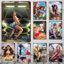 Vintage Painting Sexy Beauty Girls Lady Poster Plaque Vintage Tin Sign Retro Japanese Cartoon Metal Sign Decorative Plaque Wall Decor Size 30X20cm w01