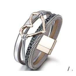 Charm Bracelets Fashion Jewellery Pu Leather For Women Handwoven Hollowed Heart Mtilayer Magnetic Buckle Bracelet Drop Delivery Dhvcp