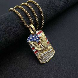 Pendant Necklaces Punk Men's American Flag Eagle Pendant Stainless Steel Box Chain Military Soldier Necklace Male Hip Hop Jewellery Dropshipping G230206
