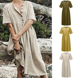 Casual Dresses Pure Color Button Female Dress O-Neck Short Sleeve Elegant Mid-Calf Summer Style Holiday Sundresses Women