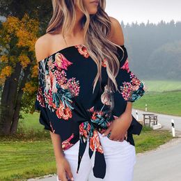 Women's Blouses & Shirts Women Summer Sexy Off Shoulder Floral Printing Spring Casual Loose Lace Up Plus Size Ladies Female Tops Blouse