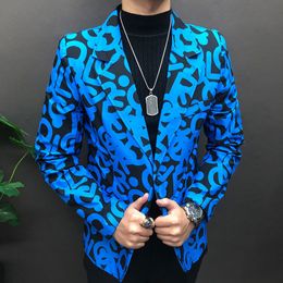 Men's Suits Blazers 2023 Spring Streetwear Blue Letter Contrast Pattern Hip Hop Singer Dancer Coat Stage Costumes Men Slim Suit Blazer Jacket 6XL 230206