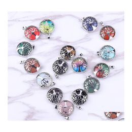 Pendant Necklaces Natural Stone Hollow Tree Of Life Pink Tigers Eye Healing Crystal Charms Rose Quartz For Necklace Jewellery Making W Dhilj