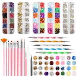 Nail Art Kits Kit With 15x Brush 5 Dotting Stick 5box Decorations Rhinestones 32 Foils Strip And 1 Gem Picker Tweezers NAK005