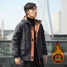 Men's Down Jacket Autumn Winter Loose Hooded Windproof Hiking Jackets Casual Street Big Pocket Cargo Stitching Coat Clothes