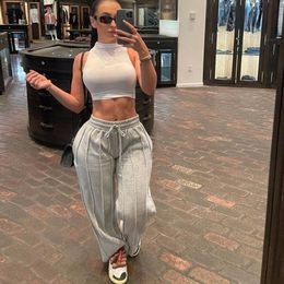 Pleated Loose Pants Women Casual Active High Waist Stretchy Lace Up Sporty Straight Trousers Female