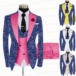 Men's Suits Blazers Fashion Blue Floral Printed Men 3 Piece Groom Wedding Tuxedo Slim Fit Shiny Blazer Jacket Pink Vest Pants Set 230206