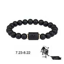 Beaded Strands Black Stone Beads 12 Constellation Couple Bracelet Men Bracelets For Women Pseras Moda Mascina Hombre Man Mens Jewel Dhjck