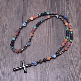 Pendant Necklaces Vintage Catholic 5-decade Rosary Necklace Natural Matte Stone Hematite Cross Necklace for Women Men Handmade Jewelry Dropship G230206