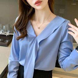Women's Blouses & Shirts Blusas Female Top 2023 Autumn Satin Blouse For Women V-neck Blue Ruffles Solid Simple Ladies Tops Long Sleeve Shirt
