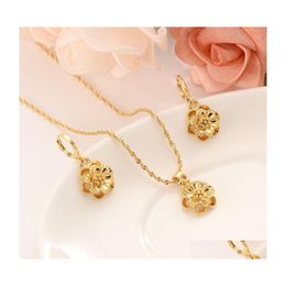 Earrings Necklace Women Jewellery Set Cute Plated 18 K Solid Gold Gf Rose Pendant Flower Necklaces/Earrings Europe Wedding Girl Gift Dhopx