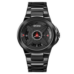 SKMEI Japanese Movement Men Quartz Wristwatch Creative Dial Clock Stainless Steel Black Strap Life Waterproof Mens Watch 1699286W