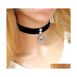 Chokers Korea Style Veet Vintage Sier Bronze Sun Charm Choker Necklace For Women Gothic Pendant Black Fashion Jewellery Gift Drop Deli Dh9Gr