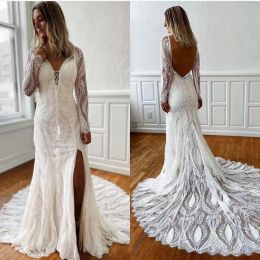 فساتين Mermaid Boho Bridal Grow Lace Wedding Long Sleeves Sexy عارية الذروة القطار الكشكشة مخصصة Made Vestidos de Novia plus size