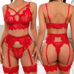 Sexy Set New Exotic Sets Women Lingerie 3pcs Bra And Panty Garters See Through Lace Costumes Babydolls S-XL Y2302