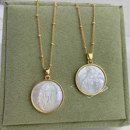 Pendant Necklaces Fashion Mother of Pearl Shell Round Medal Guadalupe Virgin Mary Pendants Necklace For Women Choker Necklac 2021 Luxury Jewelry G230206