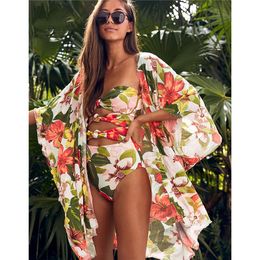 Women's Swimwear Leaves Print Swimsuit Beach Cover Up Tunics for Long Kaftan Bikini Robe De Plage Sarong Cover-ups