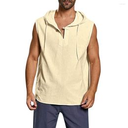 Men's Tank Tops Baggy Cotton Linen Solid Button Beach Sleeveless Hooded Shirt